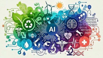 Artificial intelligence combines elements of healthcare, science and nature, sustainability, symbolizing innovation and interconnectedness in the dynamic modern world. - Powered by Adobe