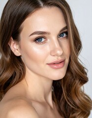 Naklejka premium Portrait of beautiful young woman with long brown wavy hair. She has striking blue eyes, perfect skin. Natural makeup, healthy complexion 