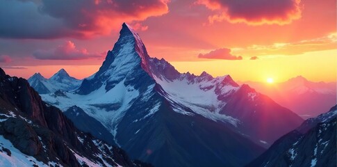 Breathtaking Sunrise Paints Snow-Capped Alpine Peak with Vibrant Hues, Casting Long Shadows Across Rugged Landscape