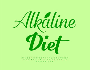 Vector Green badge Alkaline Diet. Beautiful Cursive Font. Stylish Alphabet Letters and Numbers set.	