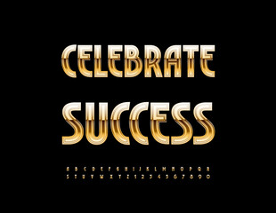 Vector Premium emblem Celebrate Success. Classy Golden Font. Chic Metallic Alphabet Letters and Numbers set.
