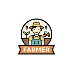 Happy Farmer Mascot Logo with Tractor and Plant
