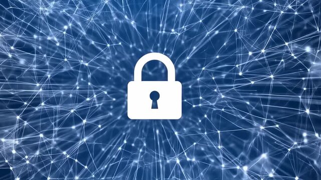 White padlock graphic set against a network of glowing lines and nodes, blue backdrop