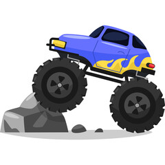 Blue pixel art monster truck with yellow flame decals driving over rocks on a white background