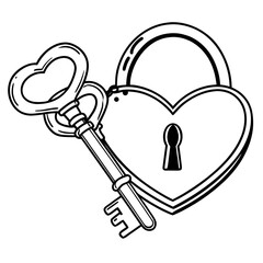 Key Unlocking Heart-Shaped Lock Line Art Vector, Minimal Romantic Love Illustration, Elegant Valentine Outline Drawing, Continuous Heart Security Clipart
