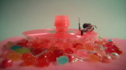 Colorful gummy bears surround a pink vinyl record on a soft background Generative AI