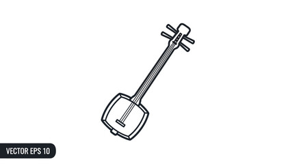 Line Art Illustration of a Traditional Japanese Shamisen Instrument.