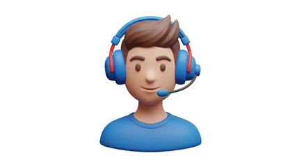 3D Render of a Smiling Male Avatar Wearing Blue Headset with Microphone.