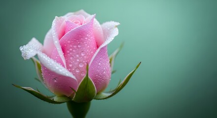Beautiful close-up of a pink rosebud with visible white edges and fine water droplets on its petals, set against a soft, muted teal-green background, emphasizing purity, grace, and natural morning 