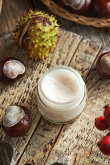 A jar of homemade horse chestnut ointment on a table