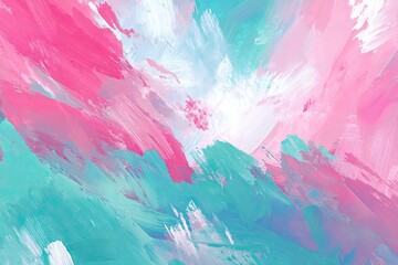 Abstract artistic painting of layered brushstrokes with pink, turquoise, and white colors blending