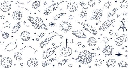 hand drawn planets and constellations adding a dreamy space theme to kids decor or birthday invitation graphics