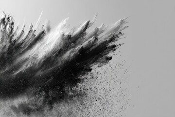 Monochrome photo depicts a dramatic explosion of dark, dense particles against a light background