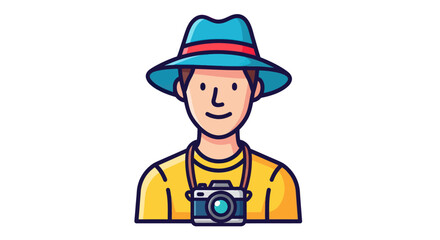 Cartoon man wearing a blue hat and yellow shirt with a camera around his neck.