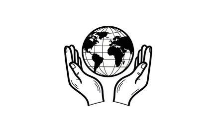 Hands Holding Globe: Protecting the Earth Black and White Illustration.