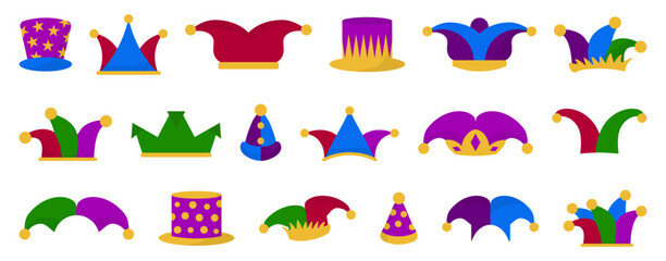 Jester hat collection in bright carnival colors. Funny joker and clown headwear icons for festival, entertainment or theater themes