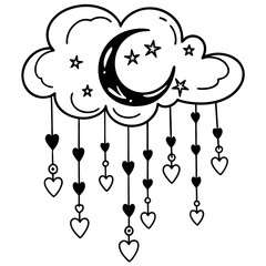 Moon with Hanging Hearts and Stars Line Art Vector, Minimal Romantic Dream Illustration, Elegant Valentine Outline Drawing, Continuous Love Clipart
