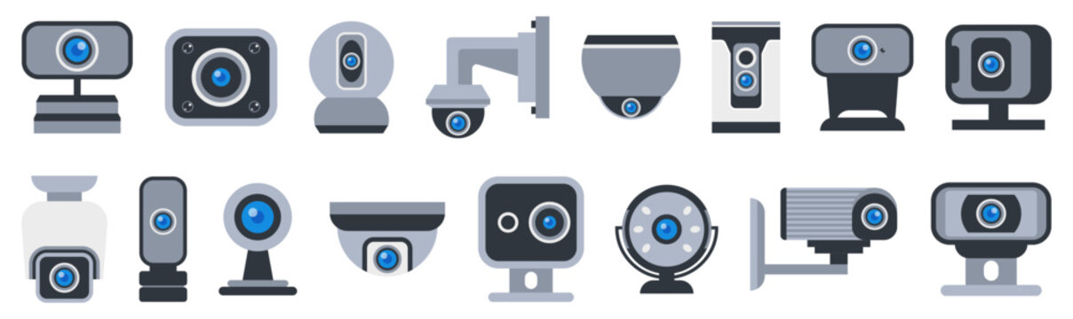 Security camera collection with blue lenses and modern forms. Various surveillance and webcam models for monitoring and safety projects