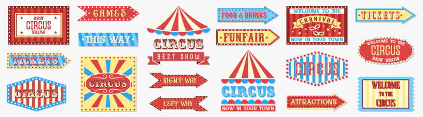 Circus signboard collection with colorful typography and arrows. Retro banners for amusement park, carnival, and entertainment themes © stas111