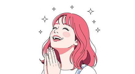 A happy woman with pink hair is clasping her hands and smiling handdrawn vector illustration