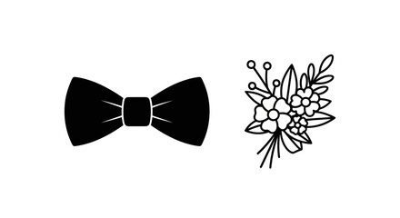 Black Bow Tie and Floral Bouquet Line Art Illustration.