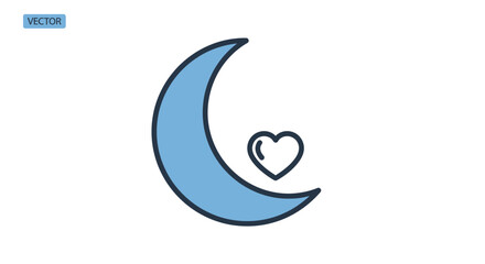 Obraz premium Crescent Moon with Heart Icon Light Blue and Black Outline Vector Illustration.