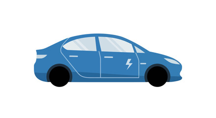 Sleek Blue Electric Sedan with Charging Symbol.