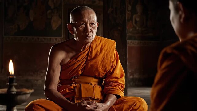 Contemplative Monk in Traditional Setting Illuminated by Candlelight