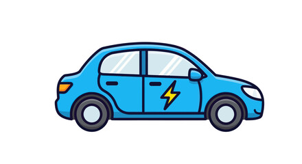 Cartoon-style blue electric car with a lightning bolt symbol on its door.