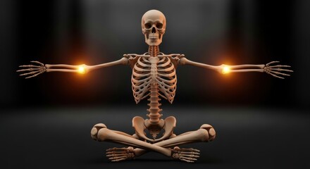 A skeletal figure in a meditative pose, highlighting joint pain with glowing effects.