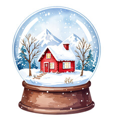 Red Cabin Snow Globe Illustration with Transparent Background, Winter Scene Graphic