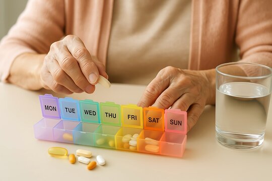 Elderly woman organizing weekly medication in colorful pill container   - Powered by Adobe