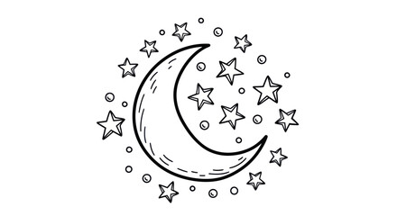 Obraz premium Hand-drawn crescent moon surrounded by stars and dots.