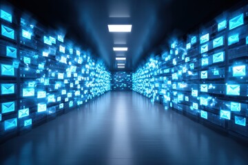 surreal dreamscape of email flowing through crystal tunnels, archive draft fragments being recovered by light beings, server monolith pulsing, celestial announcement showing cosmic report