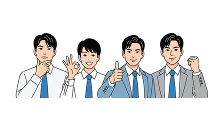Group of young asian businessmen showing positive gestures, success, agreement, and support in a professional setting