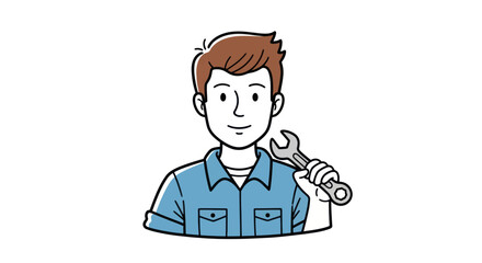 Cartoon man holding a wrench wearing a blue shirt.
