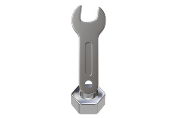 3d wrench standing on hex nut icon. maintenance setup concept. Minimal cartoon wrench spanner nut for service app banner. isolated on white background. 3d render.