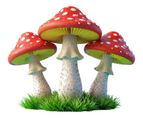 Red Polka-Dot Mushrooms with Glossy Caps, 3D Realism Illustration with Transparent Background