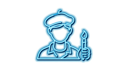 Neon Blue Artist Icon with Beret and Paintbrush.