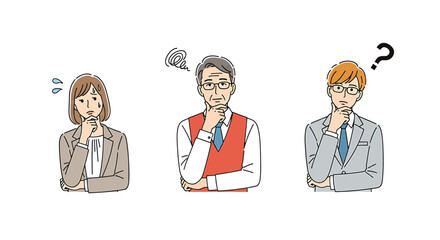 Fototapeta premium Illustration of three business people with various expressions, depicting confusion, contemplation, and questioning