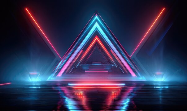 Futuristic tunnel with glowing neon geometric shapes and reflections on dark surface