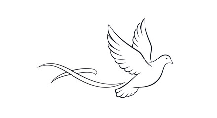 Elegant line art drawing of a flying dove with a flowing ribbon.