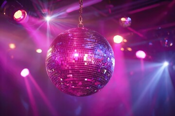 Obraz premium Reflecting vibrant pink and purple lights, a shining disco ball in a festive club setting