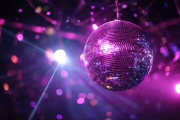 Sparkling disco ball illuminating a festive party scene with purple light effects