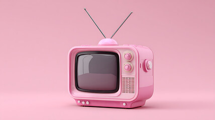 Retro Pink Television with Antenna on Light Pink Background, Ideal for Nostalgic Themes