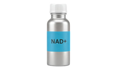 Silver NAD+ Bottle with Blue Label, Glossy 3D Realism Design Element on Transparent Background