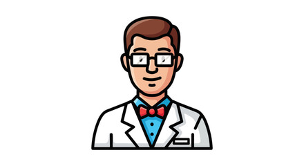 Cartoon illustration of a smiling male doctor wearing a white lab coat and glasses.