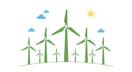 A cluster of green wind turbines generating renewable energy under a sunny sky with clouds. © Maryati