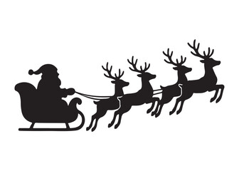santa flying in sleigh with reindeer logo silhouette vector,  santa's sleigh silhouette vector illustration, christmas night sky sleigh and reindeer flying logo silhouettes vector on white background