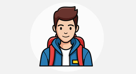 Cartoon illustration of a young man with a backpack ready for adventure.